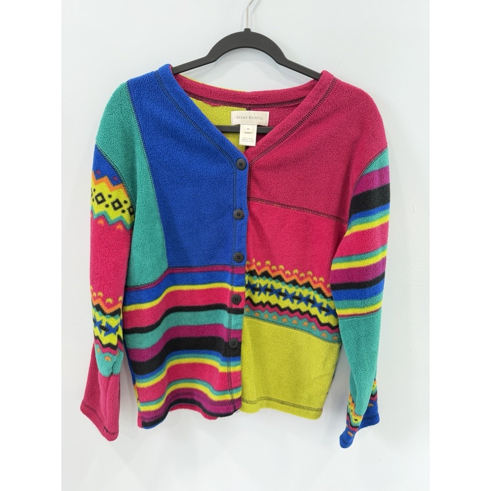Susan Bristol Cardigan Womens Medium Patchwork Fleece Button Front Cozy Cottage - Picture 3 of 8
